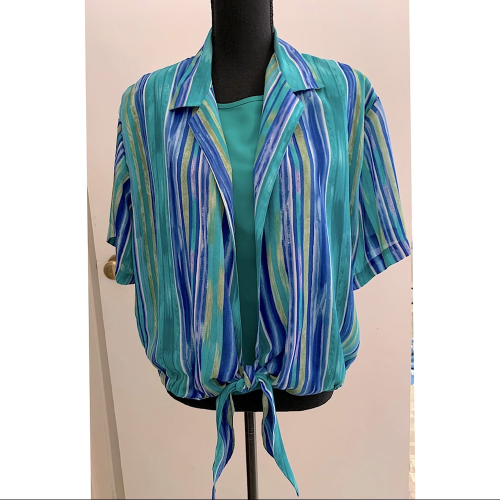 Vintage Koret Short Sleeve Two Part Turquoise Blue Blouse Size Large